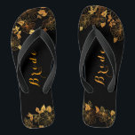 Classy Wedding Bride Luxury Black & Gold Foliage Flip Flops<br><div class="desc">These classy wedding Bride Luxury Black and gold foliage flip flops boasts a luxurious black and gold palette, with a stunning golden floral pattern and modern typography set against a black background, exuding elegance and sophistication. View the collection on this page to find matching items. ♥Customise it with your information....</div>