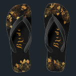 Classy Wedding Bride Luxury Black & Gold Foliage Flip Flops<br><div class="desc">These classy wedding Bride Luxury Black and gold foliage flip flops boasts a luxurious black and gold palette, with a stunning golden floral pattern and modern typography set against a black background, exuding elegance and sophistication. View the collection on this page to find matching items. ♥Customise it with your information....</div>