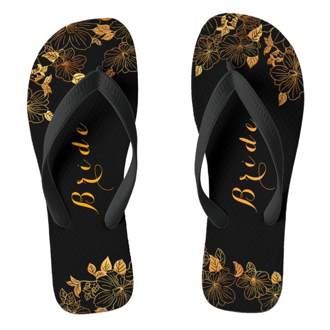Classy Wedding Bride Luxury Black & Gold Foliage Flip Flops (Footbed)