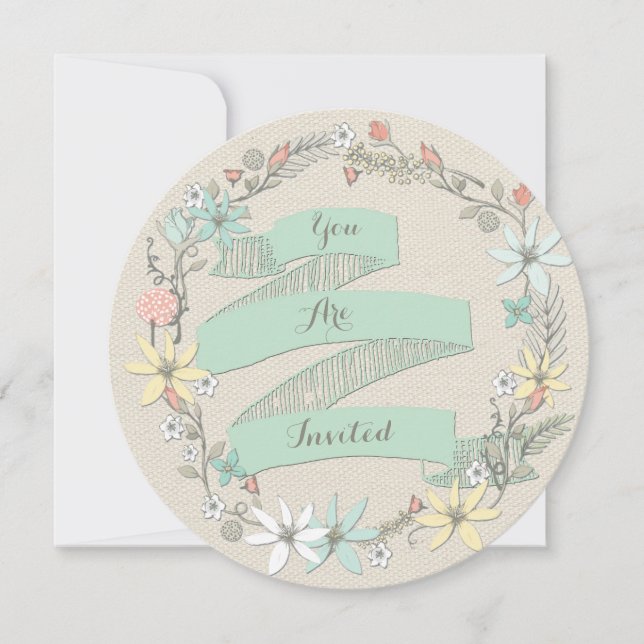 Classy Wedding Floral Wreath and Banner Invitation (Front)