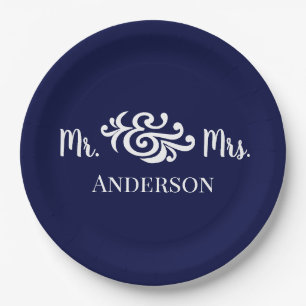 Classy Wedding Mr and Mrs Elegant Custom Colours Paper Plate