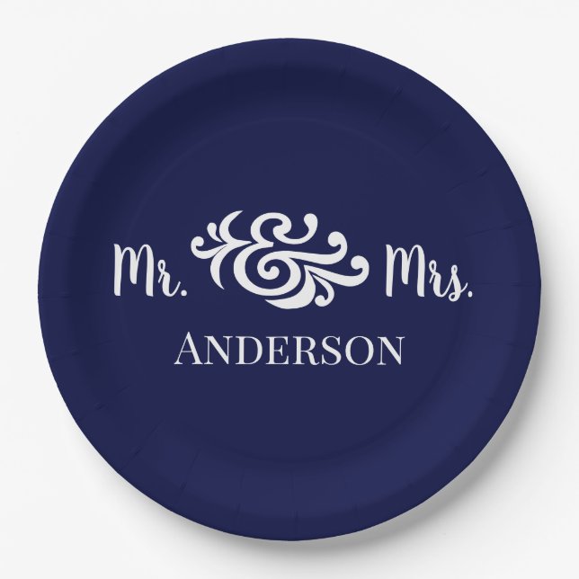 Classy Wedding Mr and Mrs Elegant Custom Colours Paper Plate (Front)