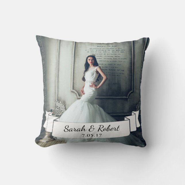 Classy Wedding Photo White Ribbon & Laurels Cushion (Front)