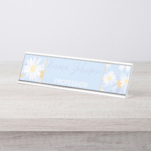 Classy White Daisy Flowers Botanical Blue design Desk Name Plate