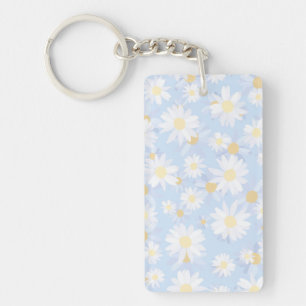 Classy White Daisy Flowers Botanical Blue design Key Ring