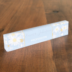 Classy White Daisy Flowers Botanical Blue design Nameplate