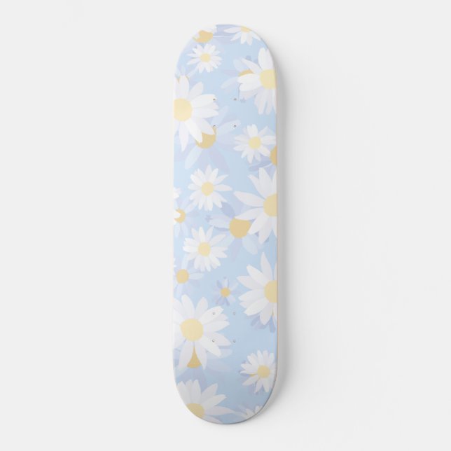 Classy White Daisy Flowers Botanical Blue design Skateboard (Front)