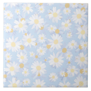 Classy White Daisy Flowers Botanical Blue design Tile