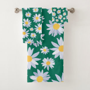 Classy White Daisy Flowers Botanical Green design Bath Towel Set