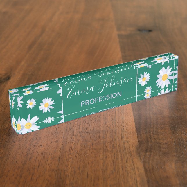 Classy White Daisy Flowers Botanical Green design Nameplate (Side)