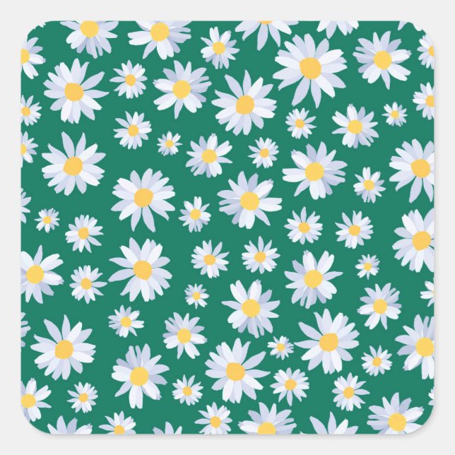 Classy White Daisy Flowers Botanical Green design Square Sticker (Front)
