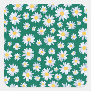 Classy White Daisy Flowers Botanical Green design Square Sticker
