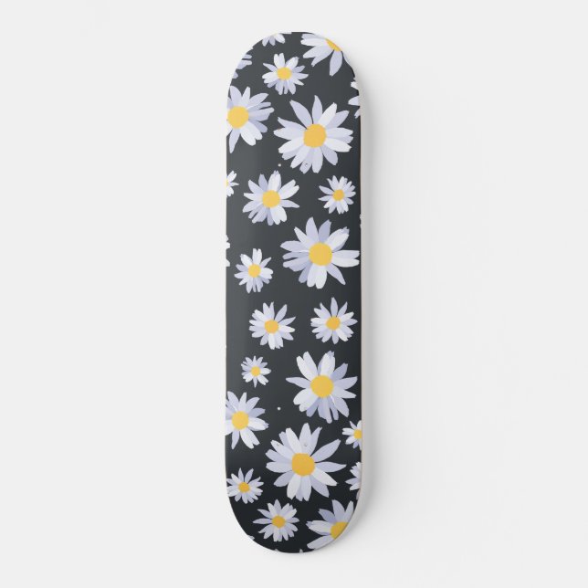 Classy White Daisy Flowers Botanical Grey design Skateboard (Front)