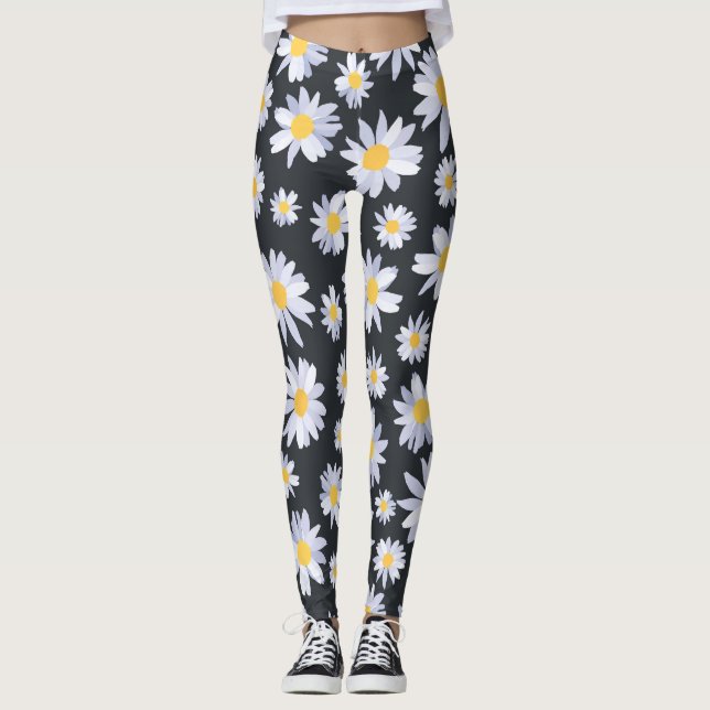 Classy White Daisy Flowers Botanical Leggings (Front)