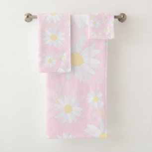 Classy White Daisy Flowers Botanical Pink design Bath Towel Set