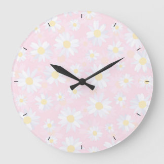 Classy White Daisy Flowers Botanical Pink design Large Clock