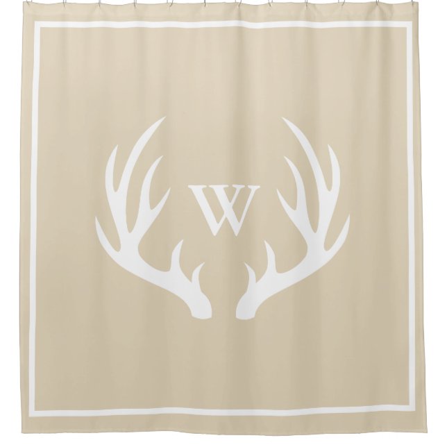 Classy White Deer Antlers Light Taupe Monogrammed Shower Curtain (Front)