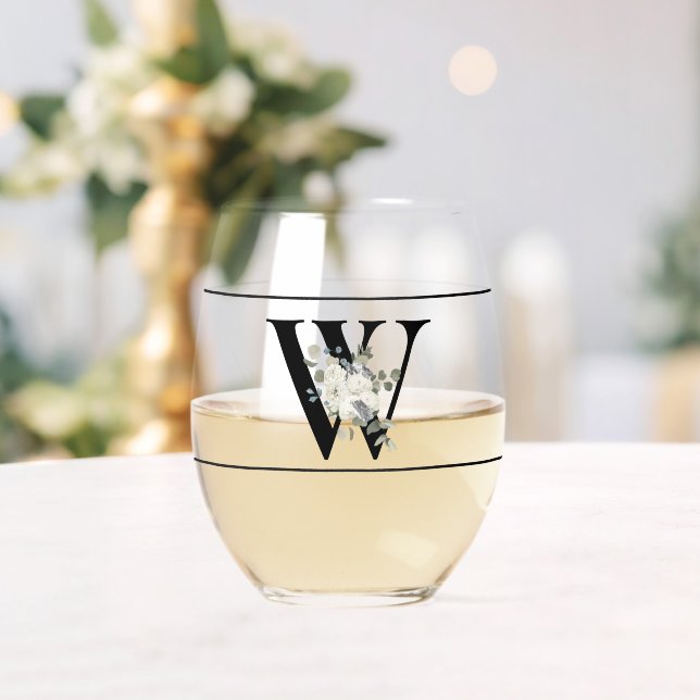 Classy White Floral Decorative Initial W Stemless Wine Glass (Insitu (Wedding))