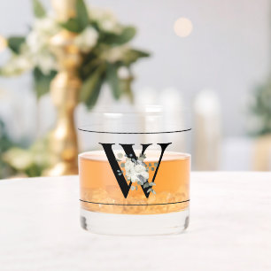 Classy White Floral Decorative Initial W Whiskey Glass