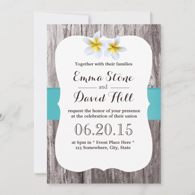 Classy White Frangipani Blue Beach Wedding Invitation (Front)