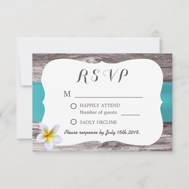 Classy White Frangipani Blue Wedding RSVP Card (Front)