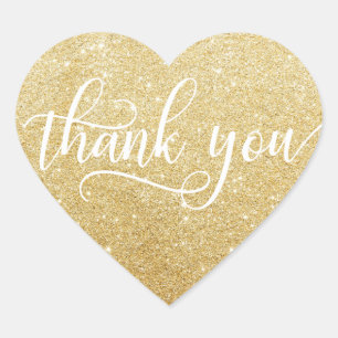 Classy White Gold Faux Glitter Script Thank You Heart Sticker
