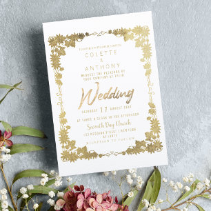 Classy white gold floral frame border Wedding  Invitation
