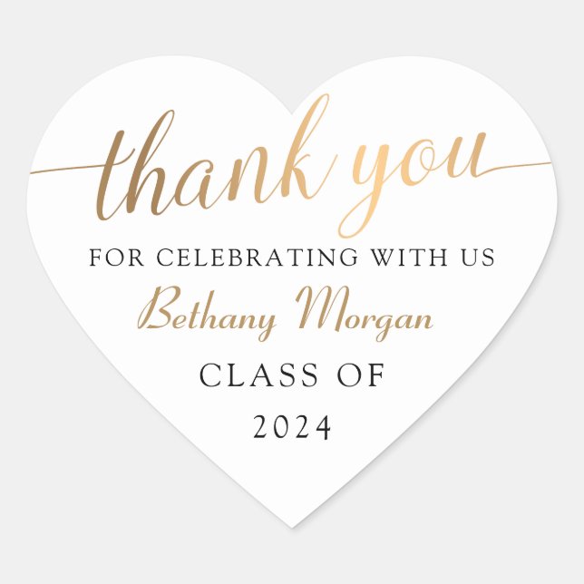 Classy White & Gold Graduation Thank You Heart Sticker (Front)
