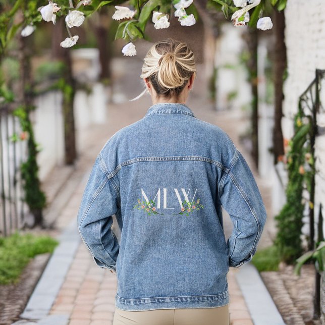 Classy White Initials with Blossoms and Branches Denim Jacket (Creator Uploaded)