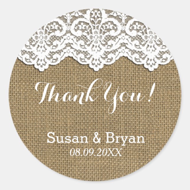 Classy White Lace & Burlap Thank You Sticker (Front)