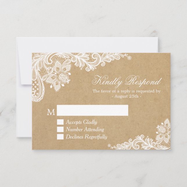 Classy White Lace in Kraft Wedding RSVP Reply (Front)