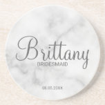 Classy White Marble Personalised Bridesmaids Coaster<br><div class="desc">Modern Personalised Bridesmaids Coaster
featuring personalised bridesmaid's name in modern calligraphy font style with title and wedding date in modern sans serif font style n white marble background.

Also perfect for Maid of Honour,  Flower Girl,  Mother of the Bride and more.</div>