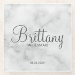Classy White Marble Personalised Bridesmaids Glass Coaster<br><div class="desc">Modern Personalised Bridesmaids Coaster
featuring personalised bridesmaid's name in modern calligraphy font style with title and wedding date in modern sans serif font style n white marble background.

Also perfect for Maid of Honour,  Flower Girl,  Mother of the Bride and more.</div>