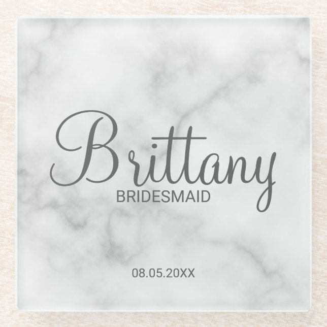 Classy White Marble Personalised Bridesmaids Glass Coaster (Front)