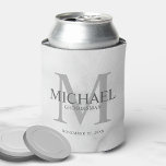 Classy White Marble Personalised Groomsmen Can Cooler<br><div class="desc">Add a personal touch to your wedding with personalised groomsmen can cooler. This can cooler features personalised groomsman's name with title and wedding date in grey and monogram in light grey as background, in classic serif font style, on white marble background. Also perfect for best man, father of the bride,...</div>