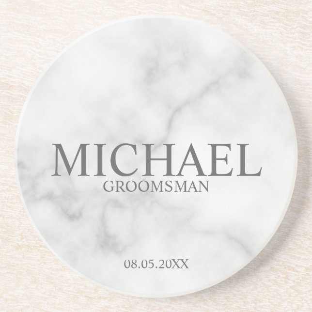 Classy White Marble Personalised Groomsmen Coaster (Front)