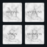 Classy White Marble Personalised Groomsmen Coaster Set<br><div class="desc">Add a personal touch to your wedding with personalised groomsmen coaster set. This coaster set features personalised groomsman's name with title and wedding date in grey and monogram in light grey as background, in classic serif font style, on white marble background. Also perfect for best man, father of the bride,...</div>