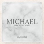 Classy White Marble Personalised Groomsmen Glass Coaster<br><div class="desc">Modern Personalised Bridesmaids Coaster
featuring personalised groomsman's name with title and wedding date in classic serif font style on white marble background.

Also perfect for Best Man,  Father of the Bride and more.</div>
