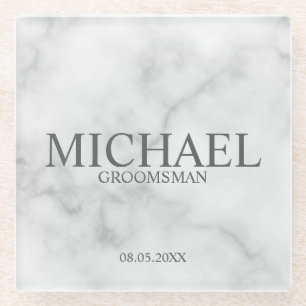 Classy White Marble Personalised Groomsmen Glass Coaster