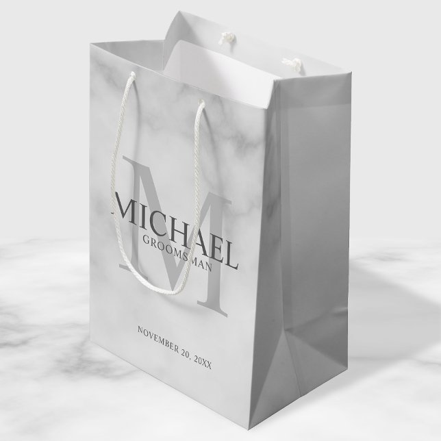 Classy White Marble Personalised Groomsmen Medium Gift Bag (Creator Uploaded)