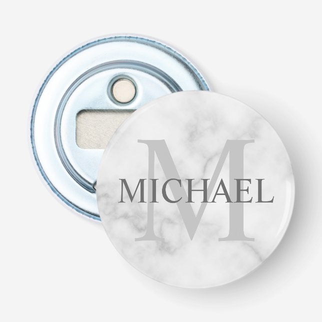 Classy White Marble Personalised Monogram and Name Bottle Opener (Front)