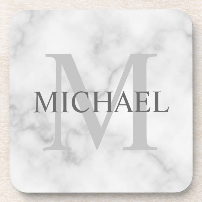 Classy White Marble Personalised Monogram and Name Coaster (Front)