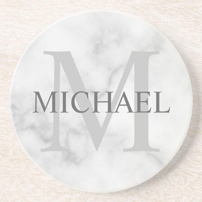 Classy White Marble Personalised Monogram and Name Coaster (Front)