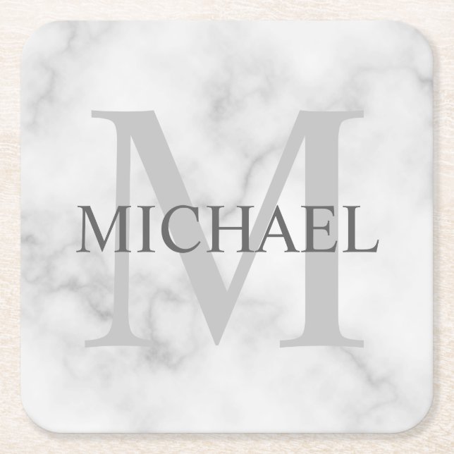 Classy White Marble Personalised Monogram and Name Square Paper Coaster (Front)