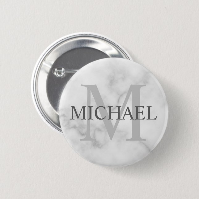 Classy White Marble Personalized Monogram and Name 6 Cm Round Badge (Front & Back)