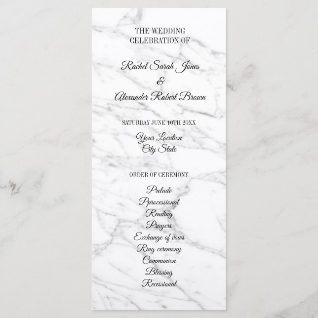 Classy white marble stone wedding ceremony program programme (Front)