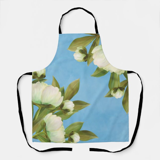 Classy White Peonies Floral Bouquet Apron (Front)