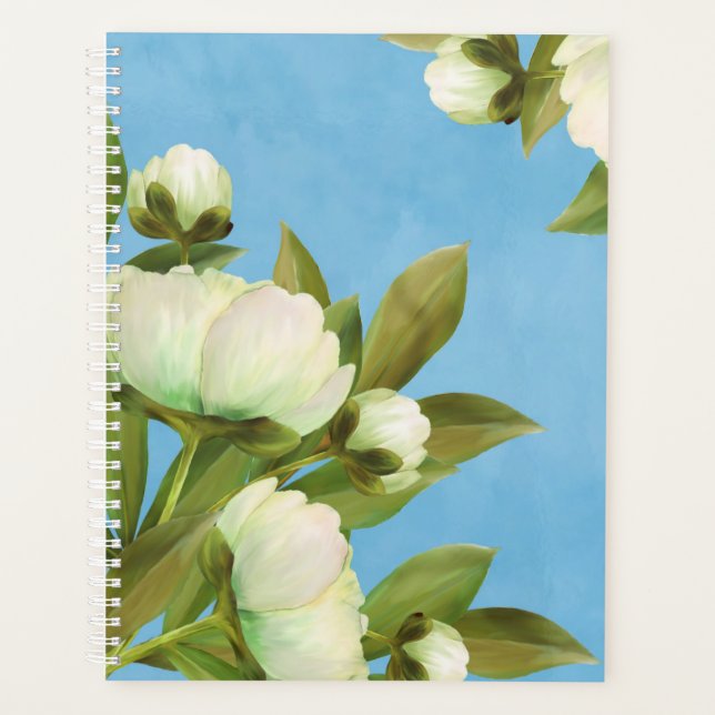 Classy White Peonies Floral Bouquet Planner (Front)