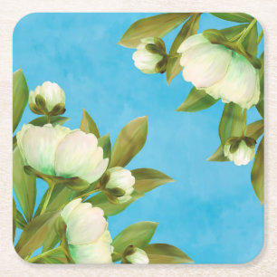 Classy White Peonies Floral Bouquet Square Paper Coaster