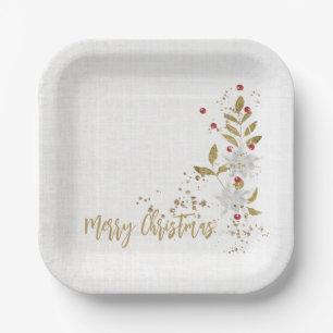 Classy White Poinsettia White Linen Gold Glitter Paper Plate